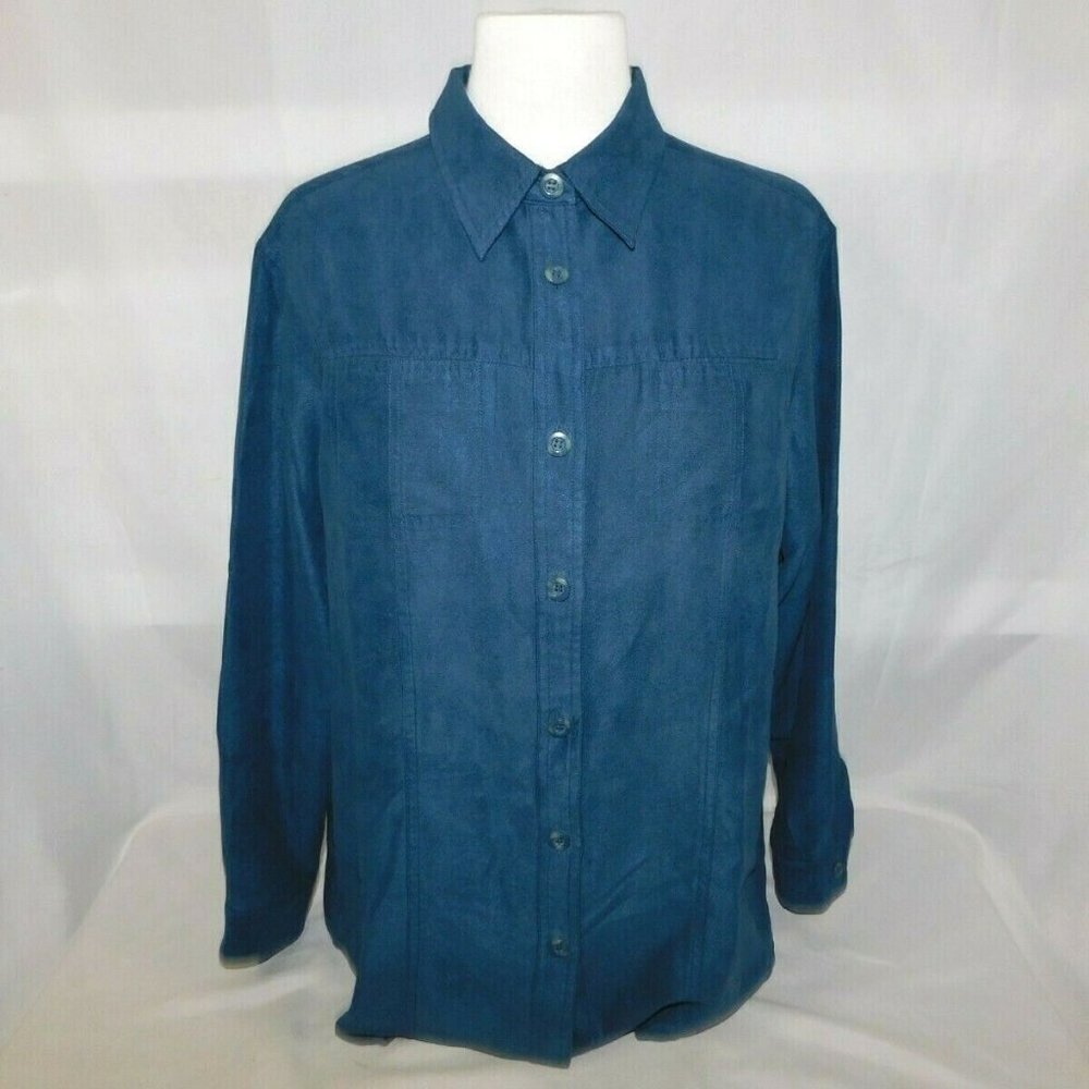 Vintage Cotton Ginny  Blue Faux Suede long sleeve  Button Front Shirt Womens L